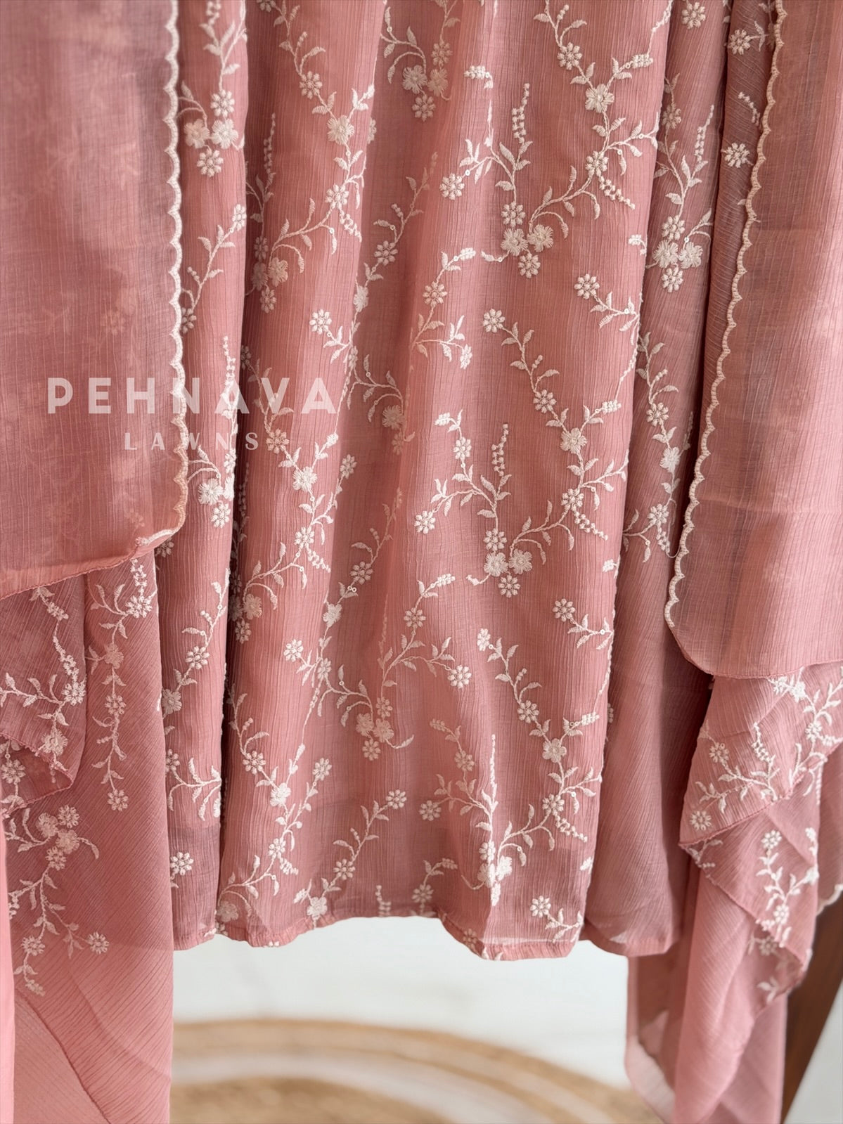 Pleated Yoke Floral Embroidered Suit