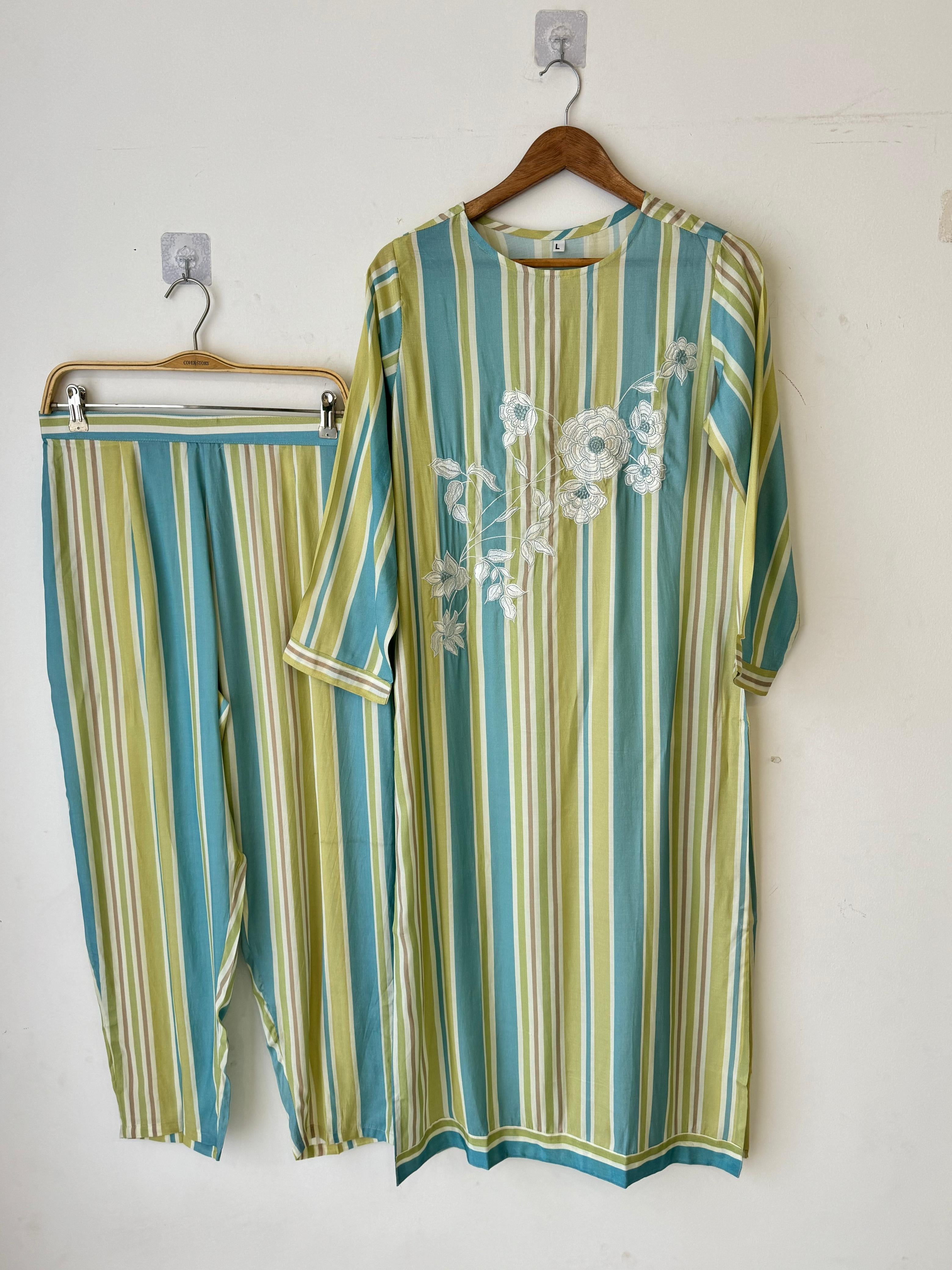 Striped Floral Embroidered Suit