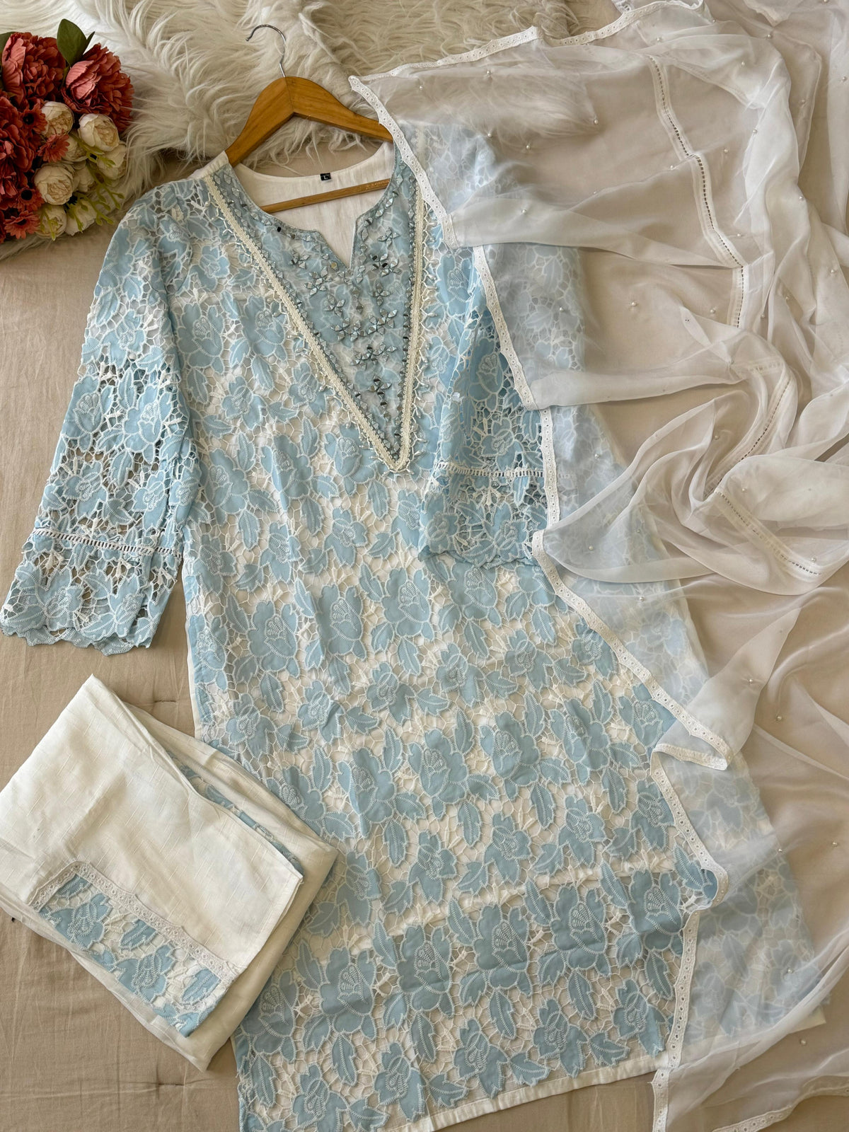 Glamorous Cutwork Suit Ft. Organza Dupata