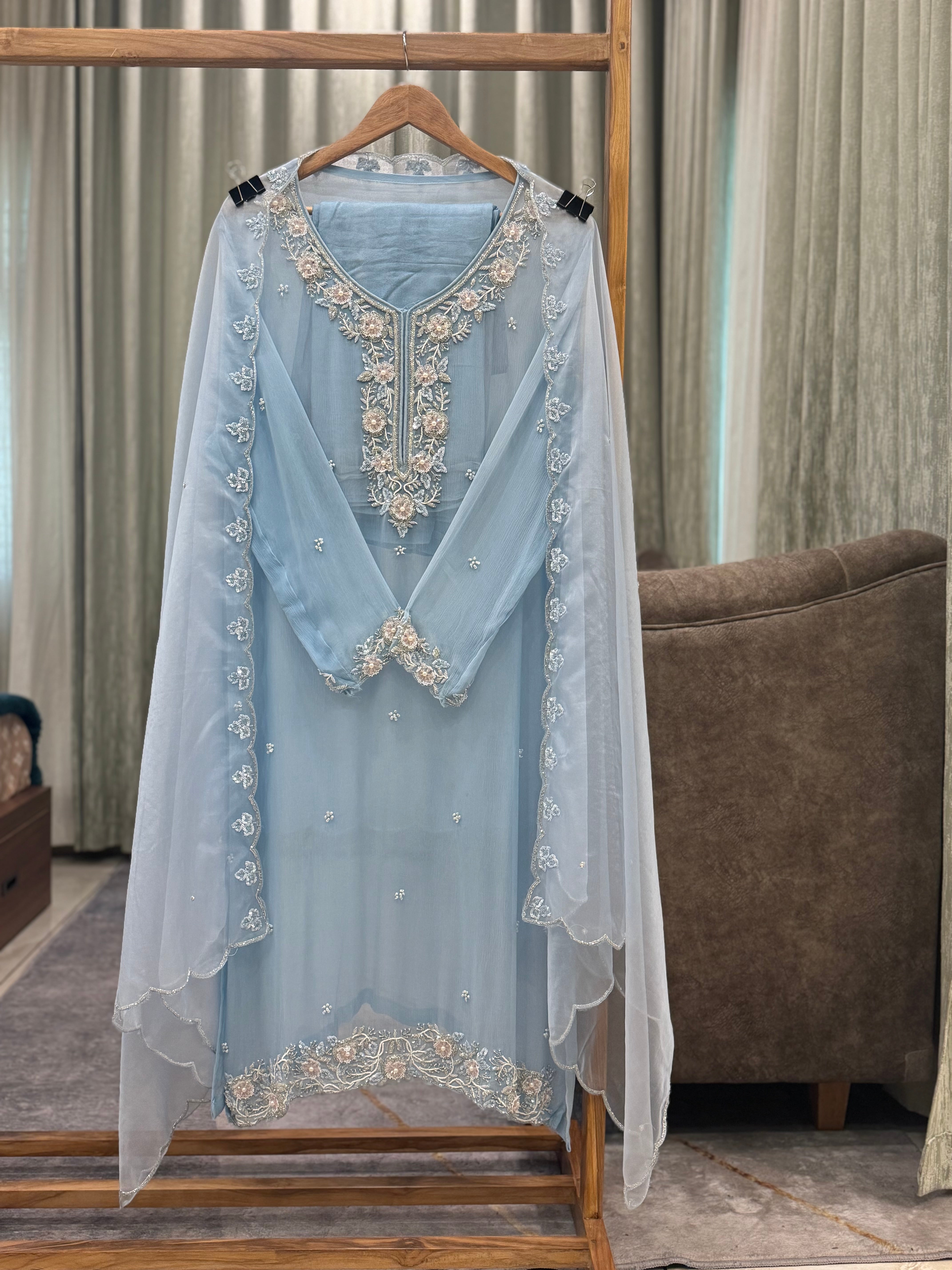 Premium organza  handwork suit with bottom and organza  hand  worked dupatta-2247