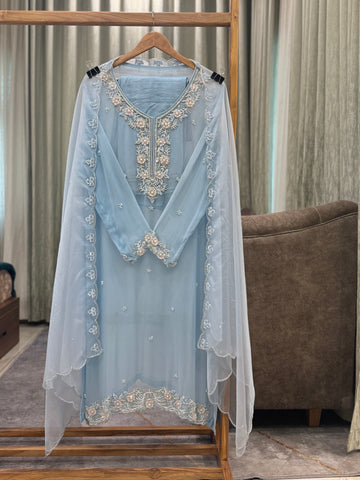 Premium organza  handwork suit with bottom and organza  hand  worked dupatta-2247
