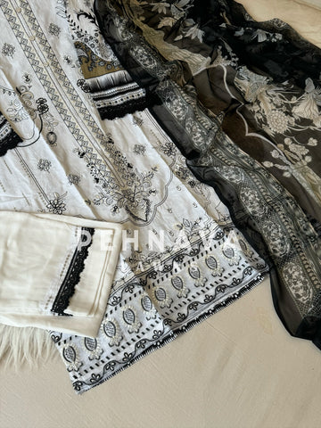 Cotton embroidered with chiffon Dupatta -3432 white