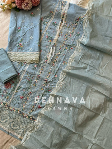 Blue Cotton Embroidered Suit 9016