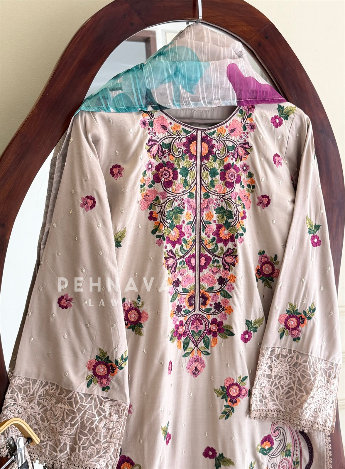 Multi Color Floral Embroidered Three Piece Set-LRC372