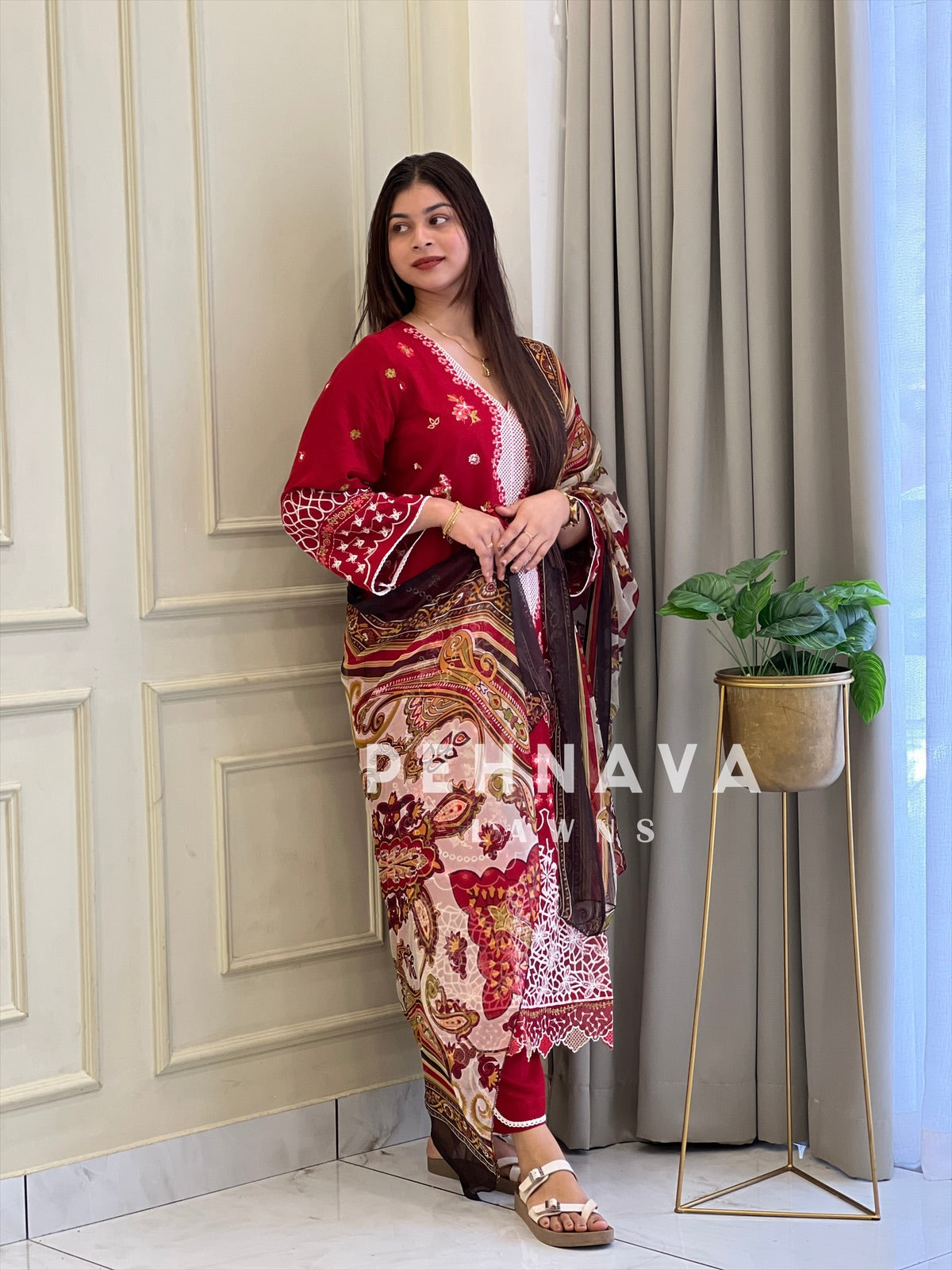 Red Semi-stitched Embroidered Rayon Suit 1451 - Pehnava Lawns