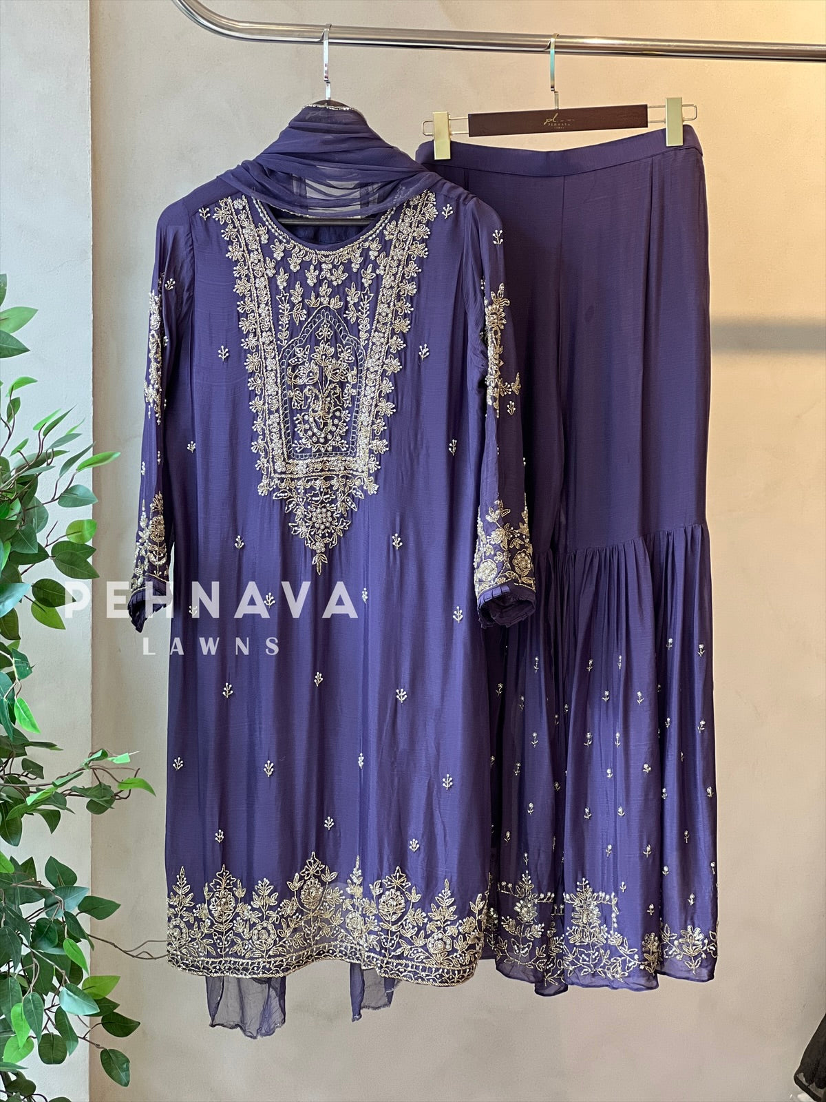 Heavily Handworked Sharara with Pure Chiffon Dupata - Pehnava Lawns