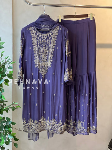 Heavily Handworked Sharara with Pure Chiffon Dupata - Pehnava Lawns
