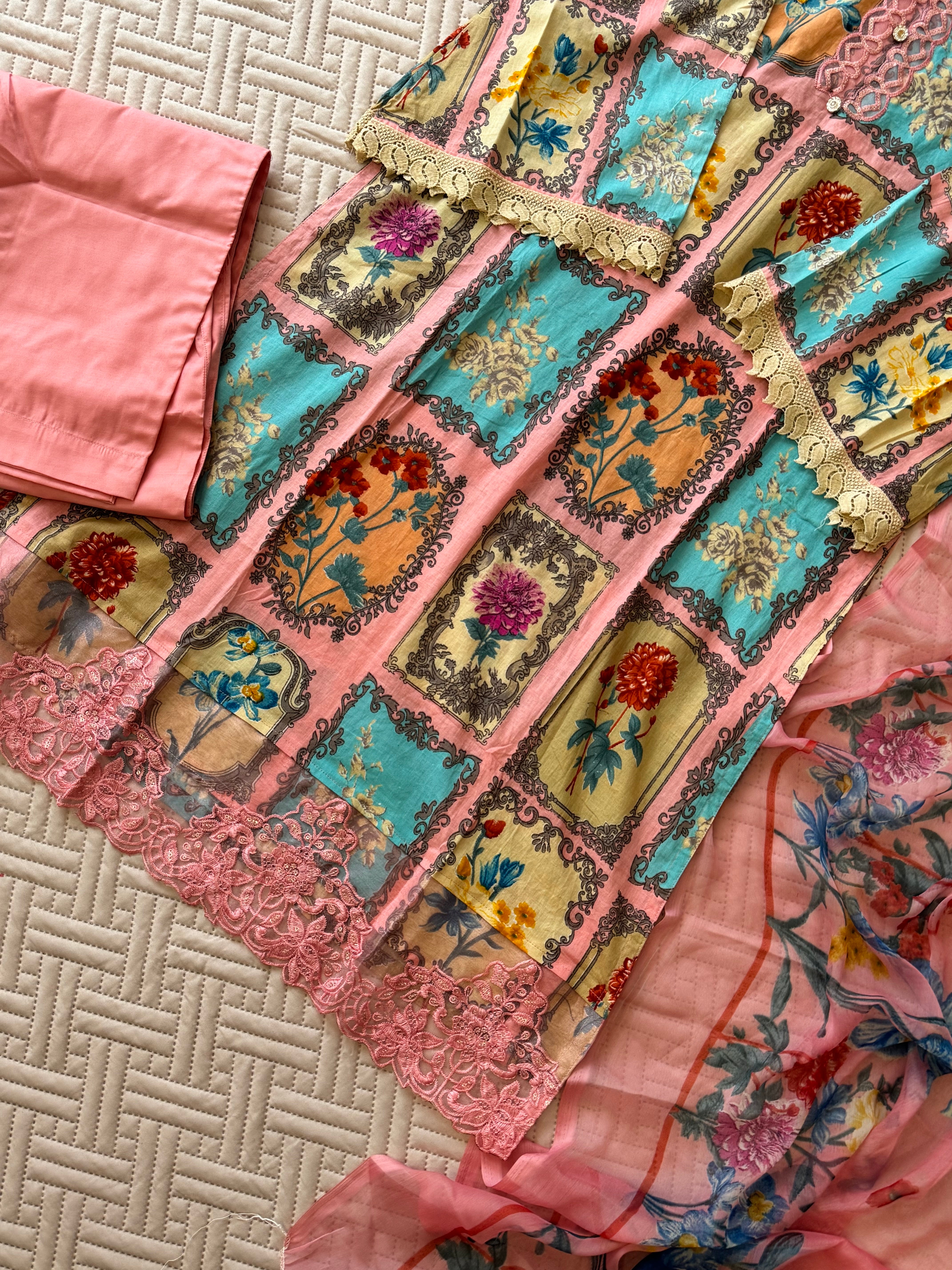 Pink Patch-worked Floral Suit-1285