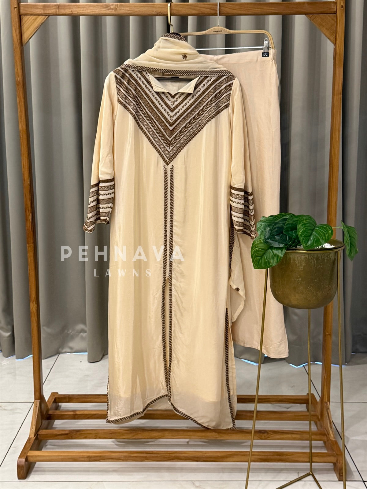 Crepe Embroidered Yoke Three Piece Ensemble