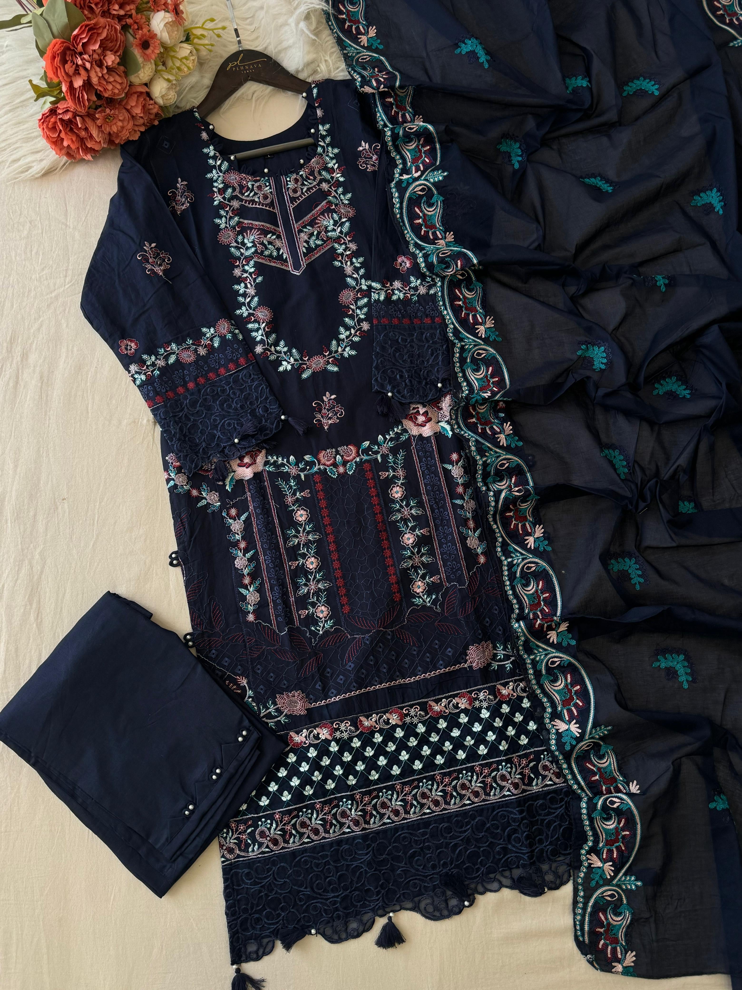 Premium Embroidered Pak-Suit Ft. Cotton Dupatta-Blue - Pehnava Lawns