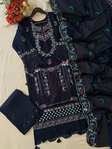 Premium Embroidered Pak-Suit Ft. Cotton Dupatta-Blue - Pehnava Lawns