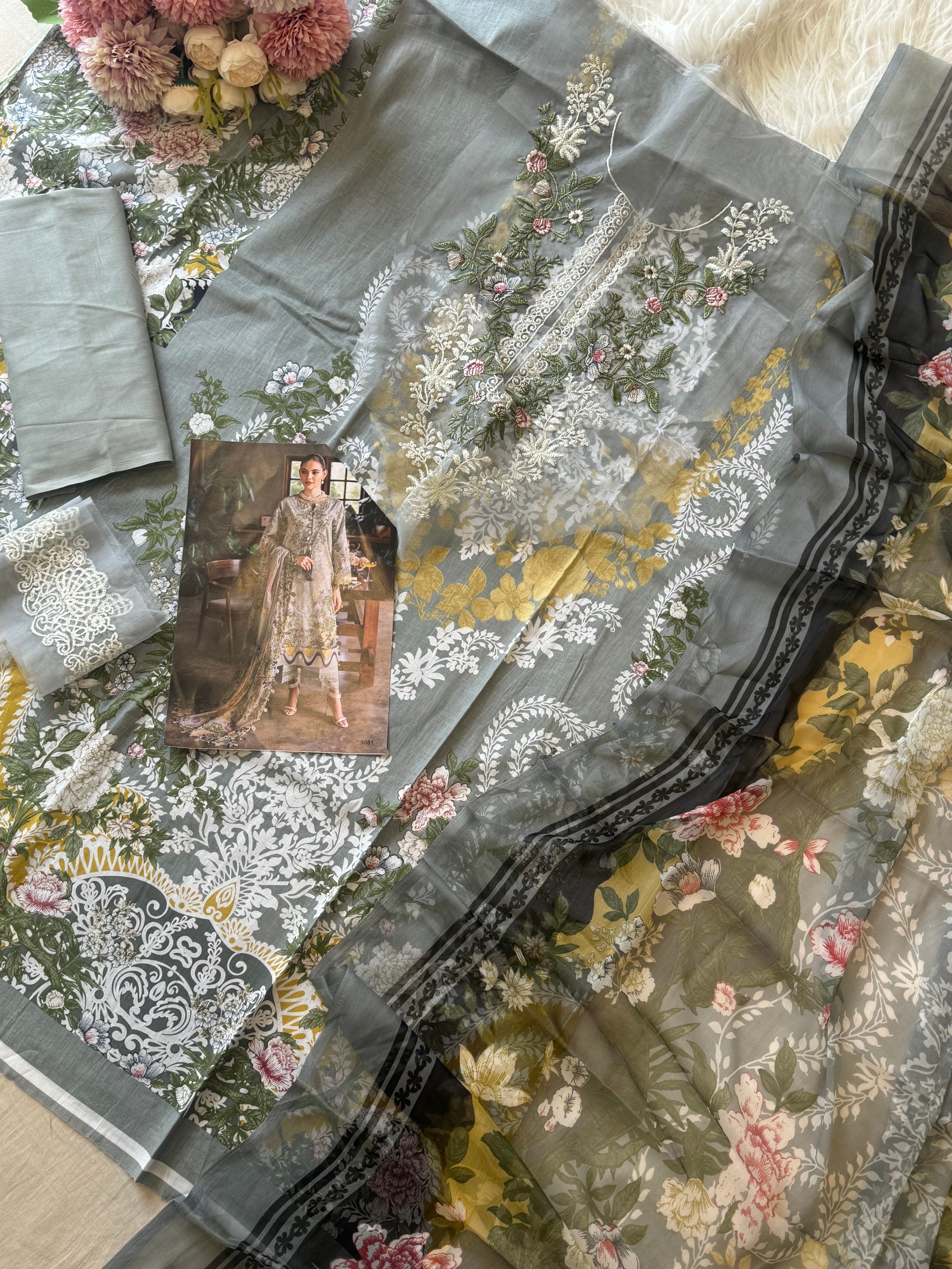 Pakistani printed cotton suit with embroidered patches -9081