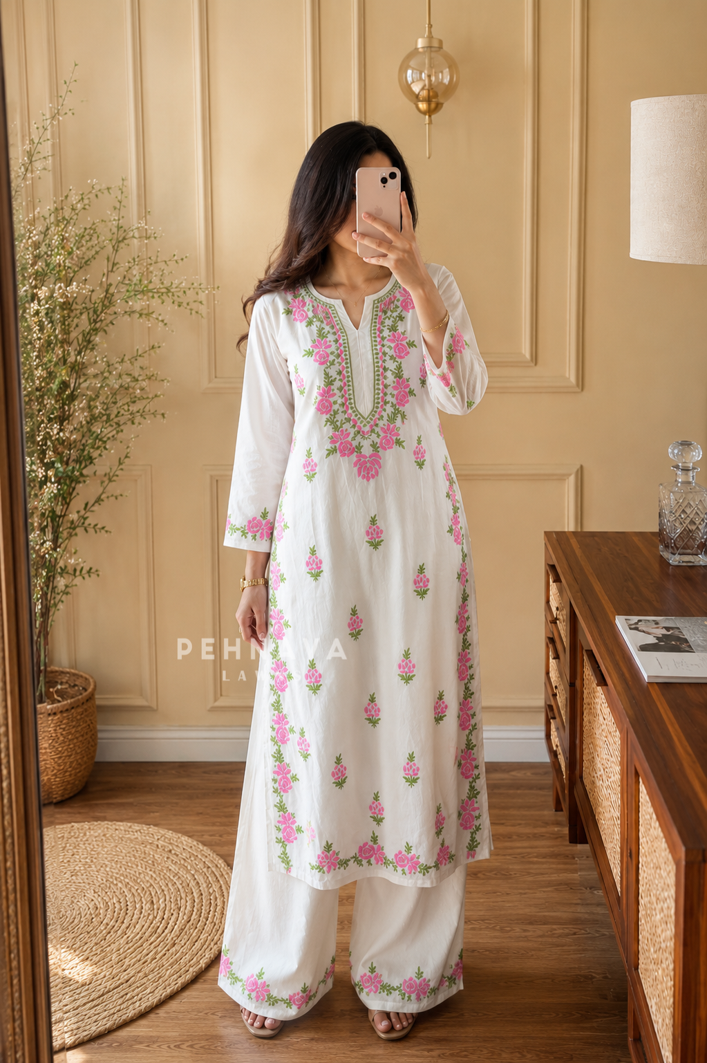 White & Pink Chikankari Rayon Kurta Set