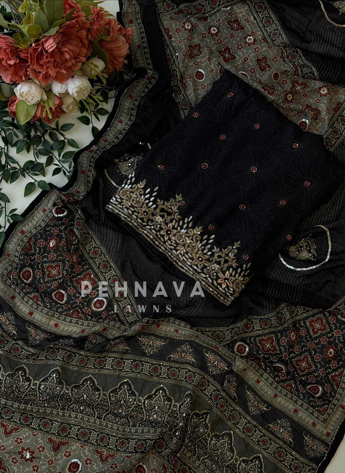 Ajrak Printed Handworked Unstitched Suit