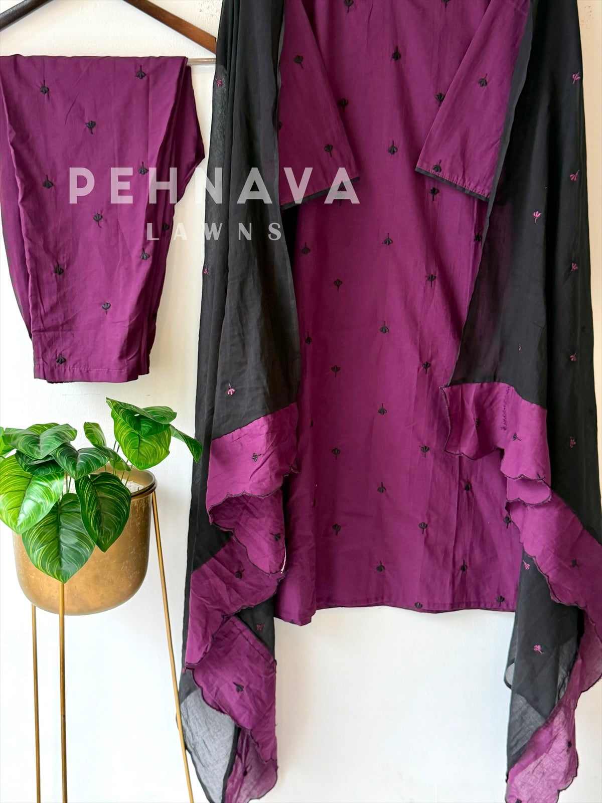 Women's V-Neck Embroidered Cotton Suit Set with Dupatta | Style | Pehnava