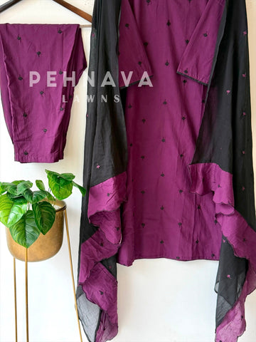 Women's V-Neck Embroidered Cotton Suit Set with Dupatta | Style | Pehnava