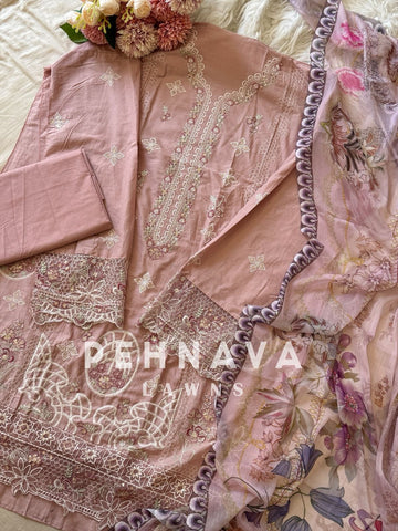 Cotton Embroidered Suit Featuring Chiffon/Cotton Shawl-1005