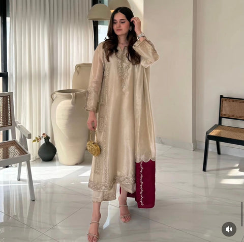 Beige Shimmer Party wear with Organza Dupatta - Pehnava Lawns