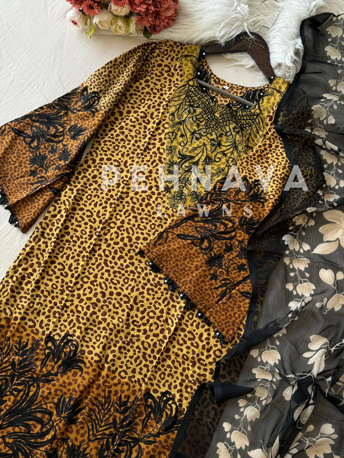 Three-Piece Ethnic Embroidery with Floral Dupatta-1355