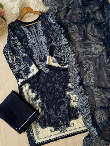 Navy Blue Printed Unstitched Suit 3975