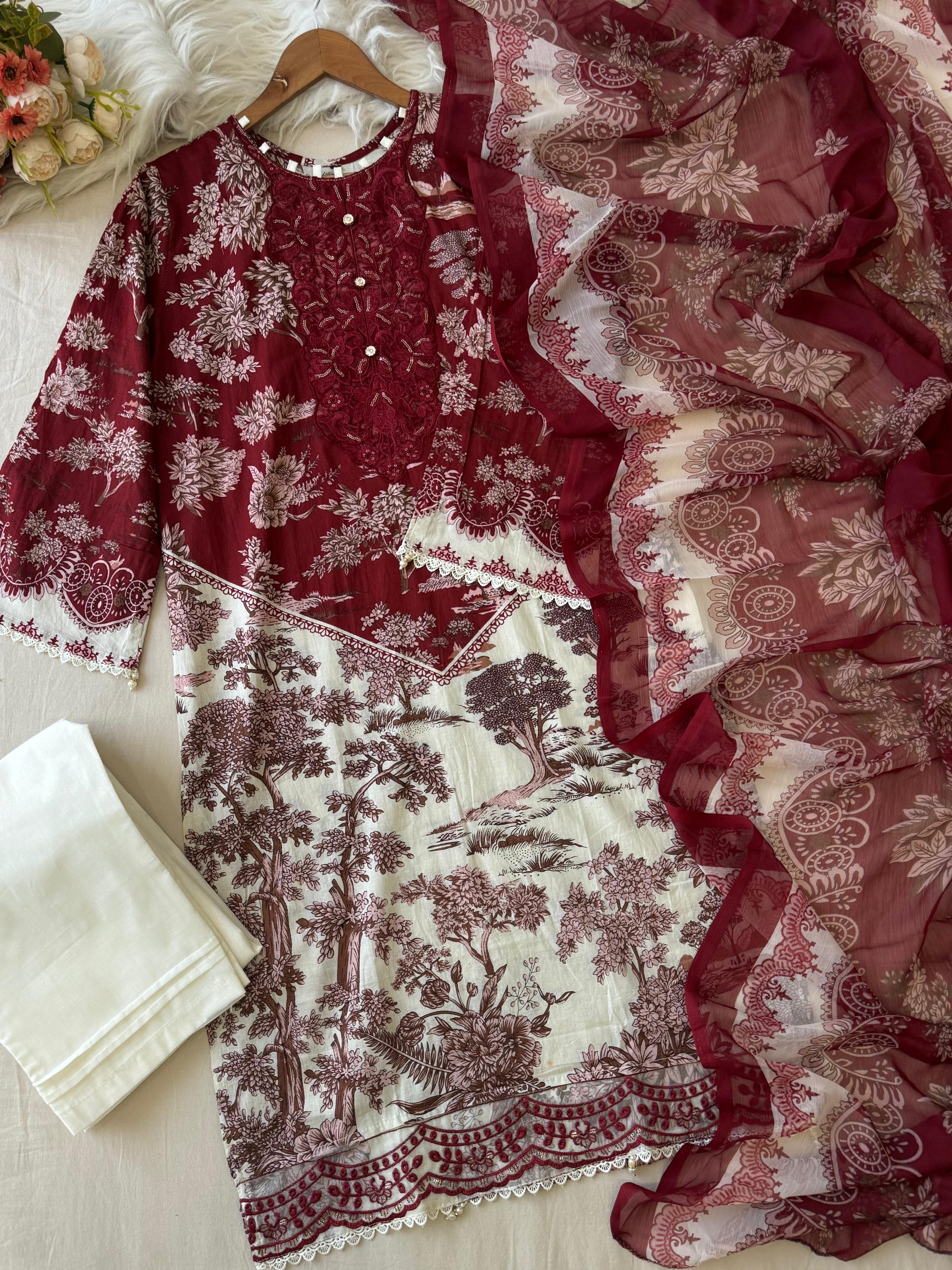 Maroon Floral Printed Pak-Suit 1343 - Pehnava Lawns