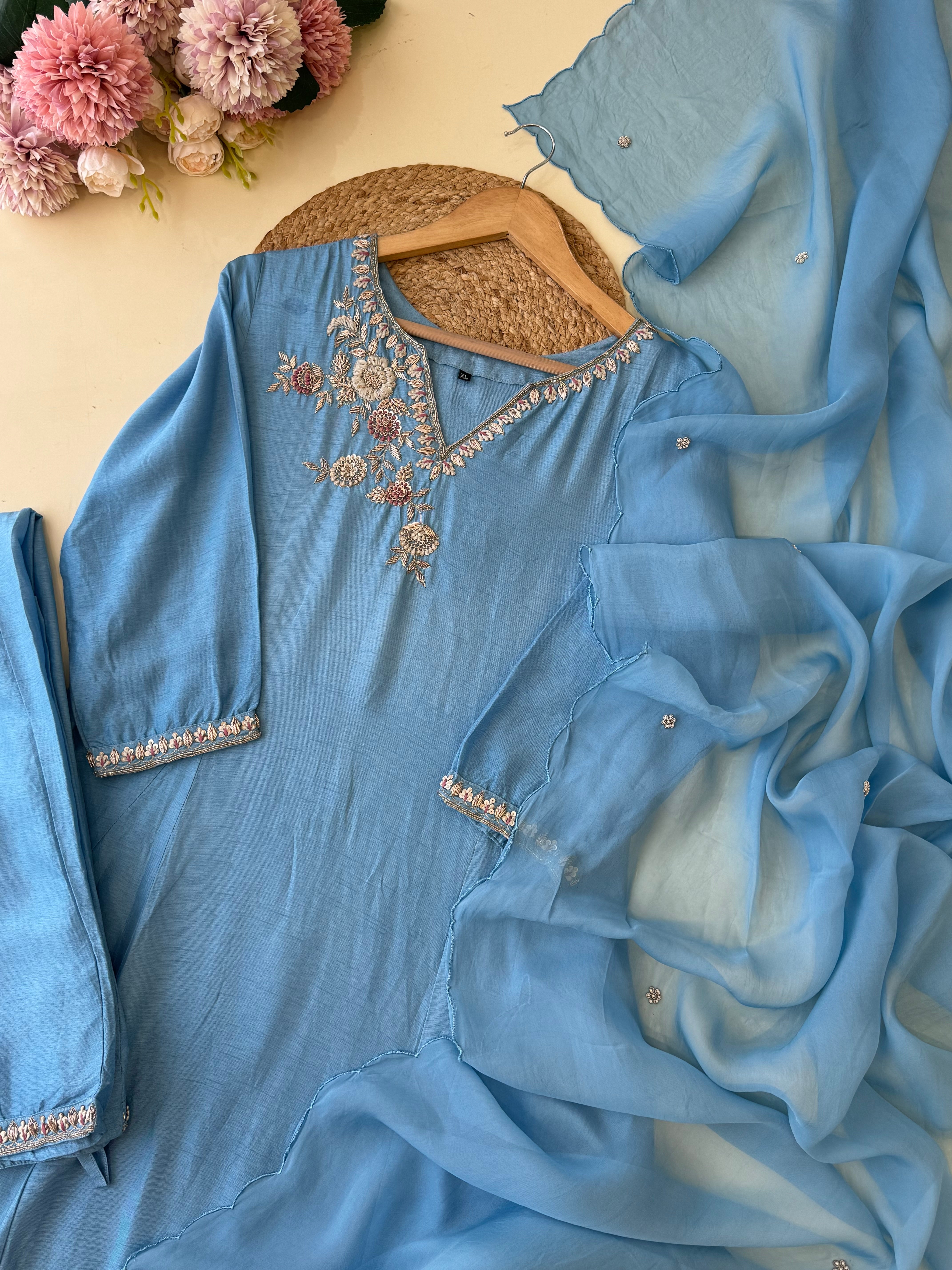 Dola silk ready to wear anarkali suit with neck detailing