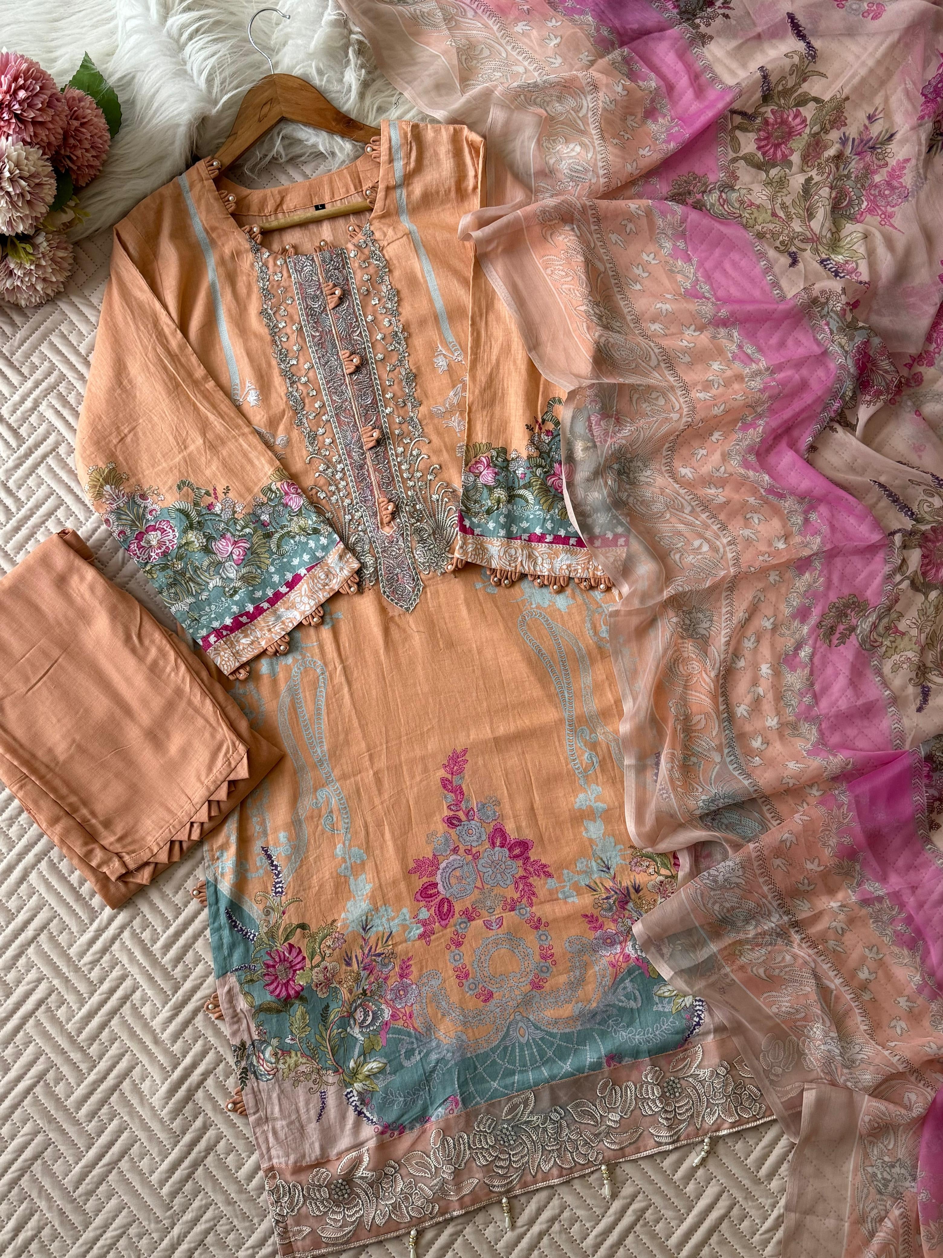 Orange Embroidery Detailed Floral Suit