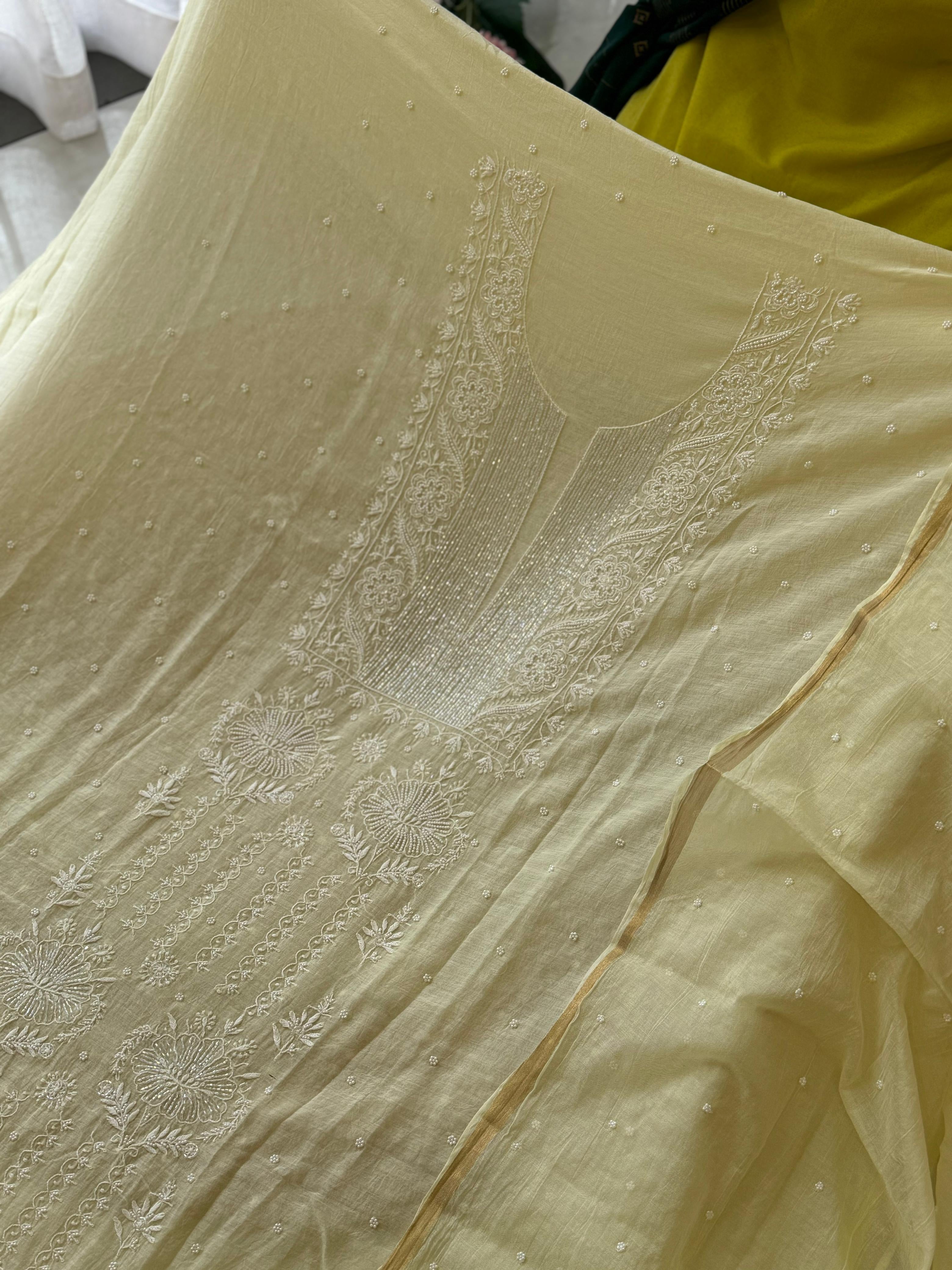 Authentic chikankaari embroidered Unstitched suit- Yellow