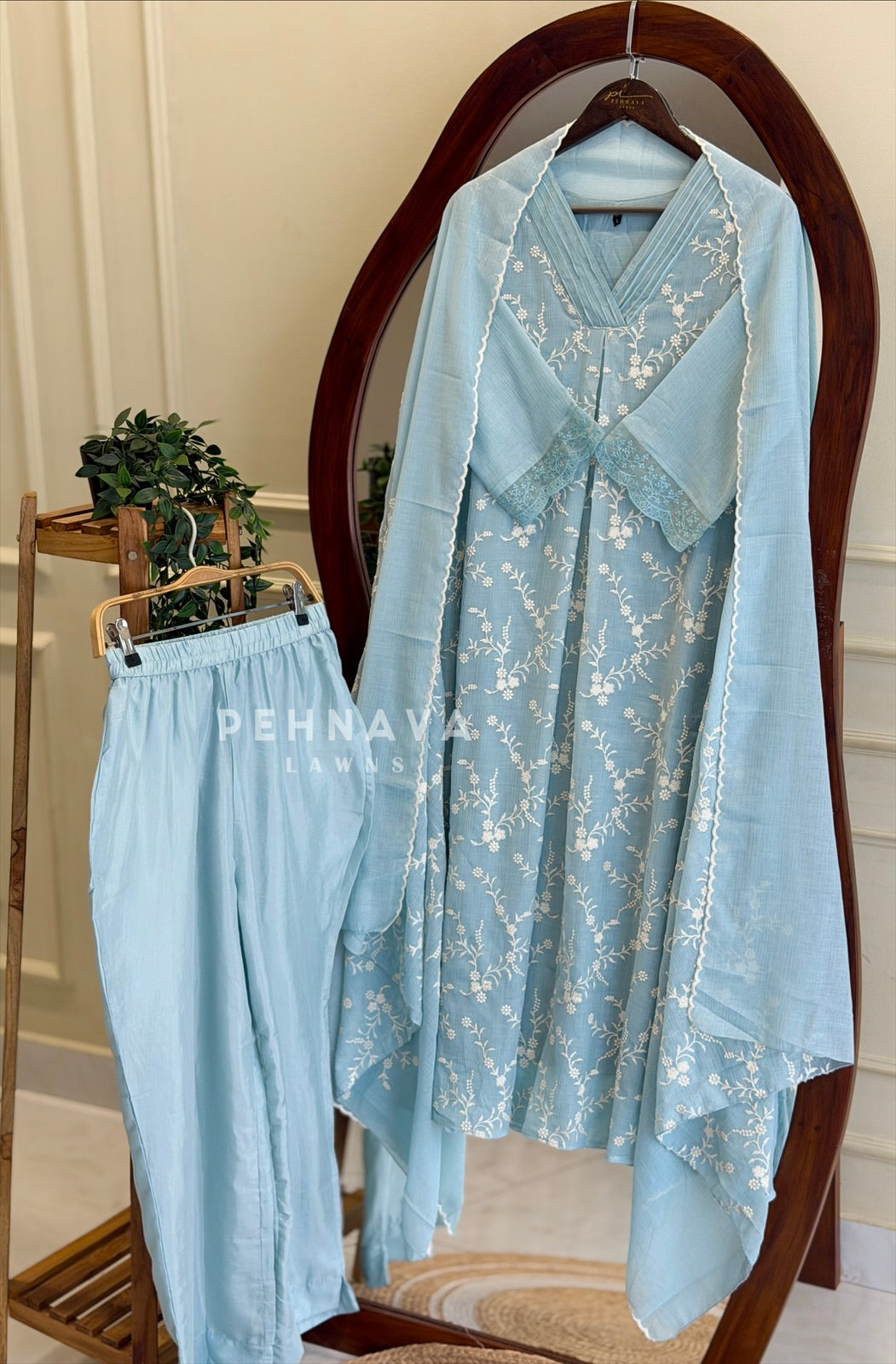 Pleated Yoke Floral Embroidered Suit