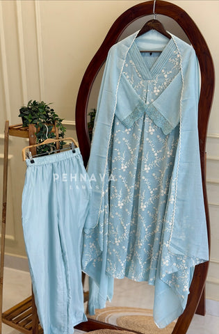 Pleated Yoke Floral Embroidered Suit