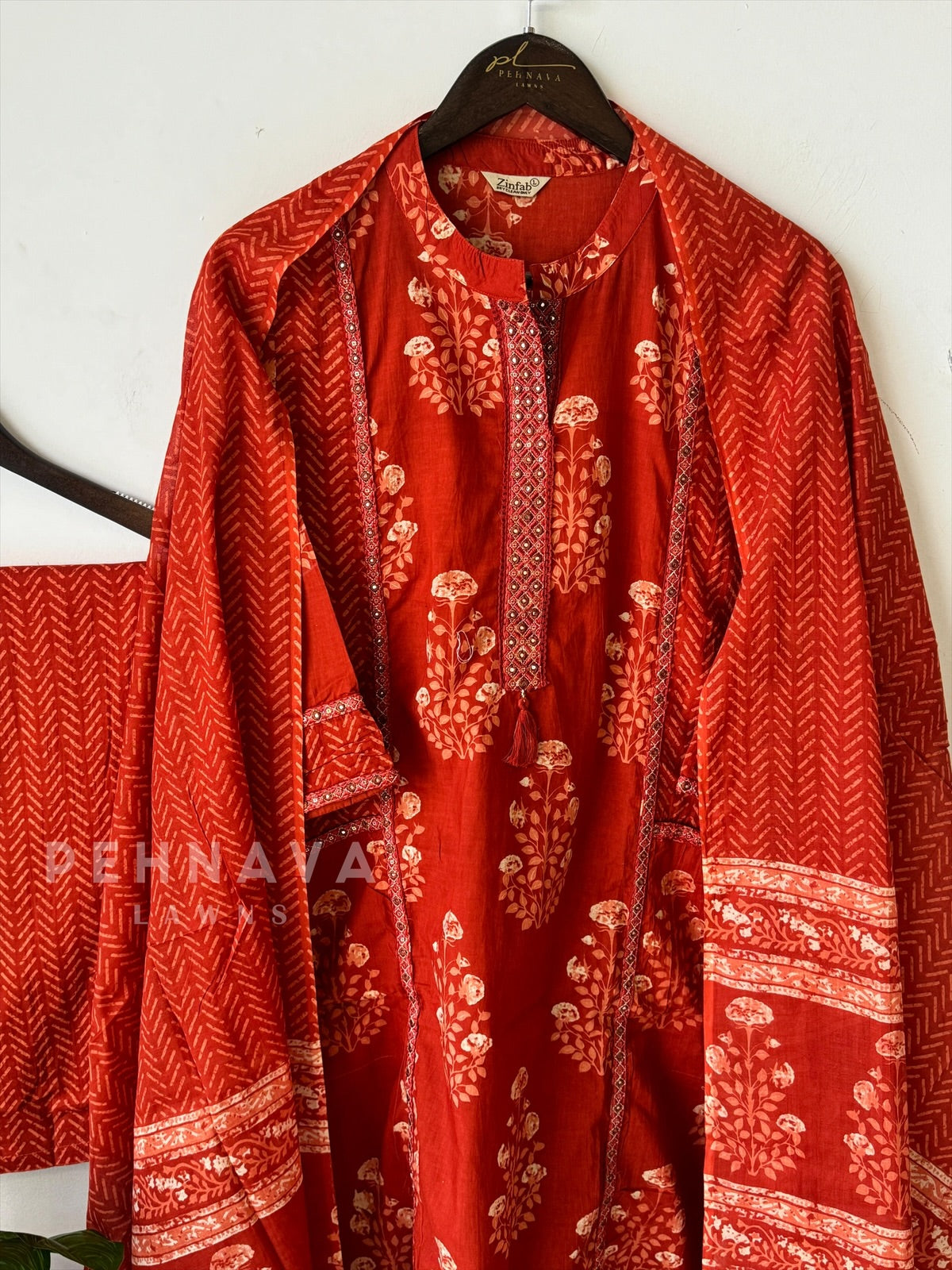 Orange Floral Kurtha Suit -5670 - Pehnava Lawns