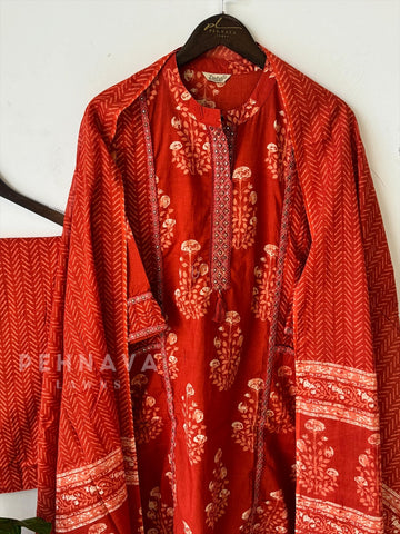 Orange Floral Kurtha Suit -5670 - Pehnava Lawns