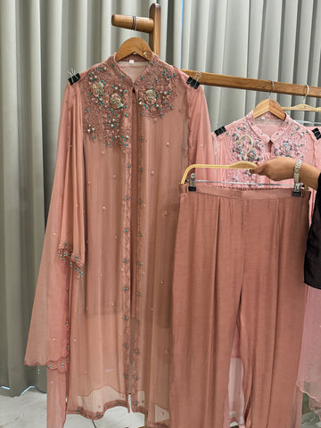 Premium Chiffon handworked jacket  with scalloped organza dupatta
