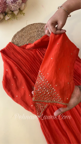 Premium Mul Chandheri Pleated A- line suit with hand detailings