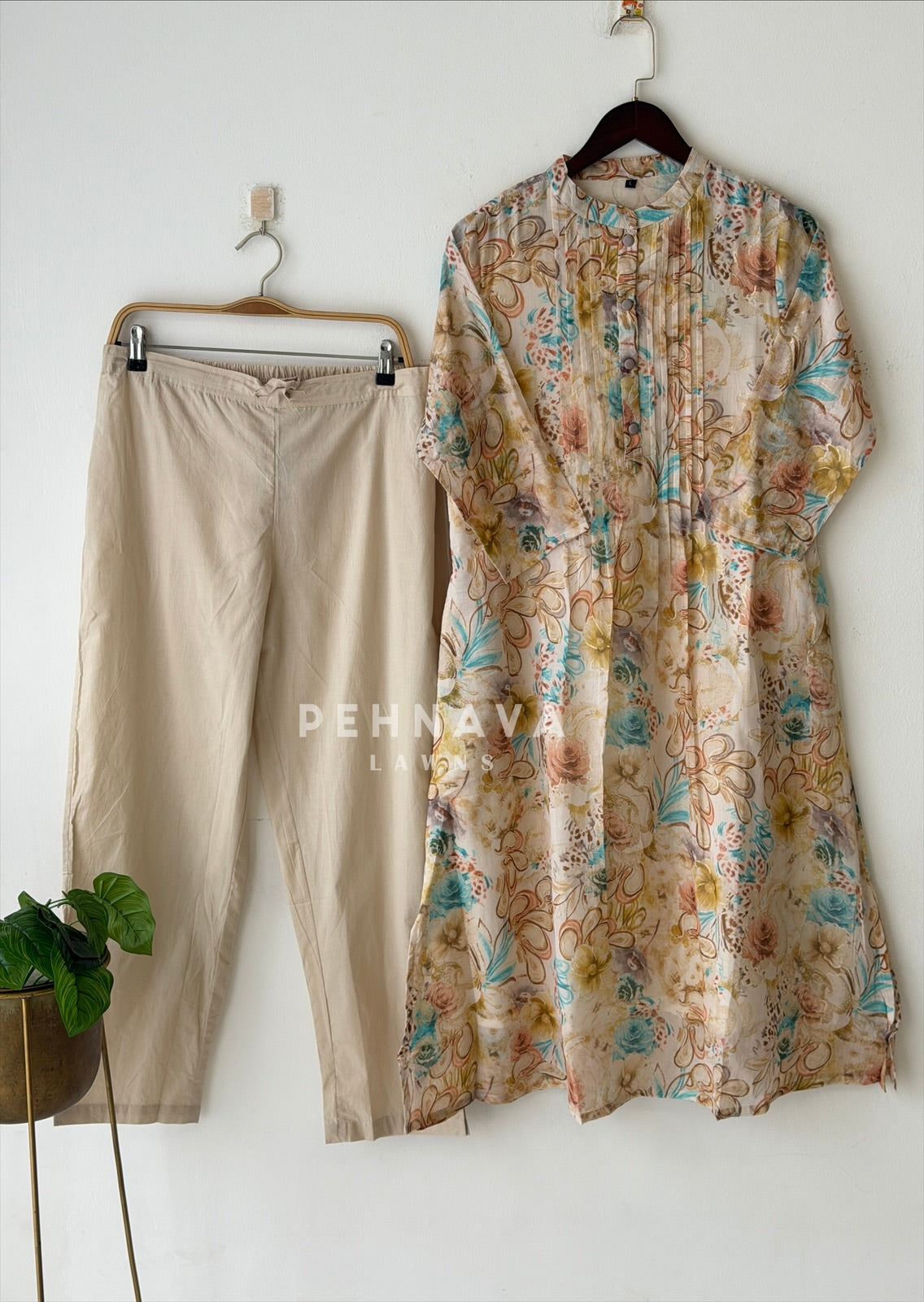 Pleated Yoke Floral Printed Two Piece Set 2759