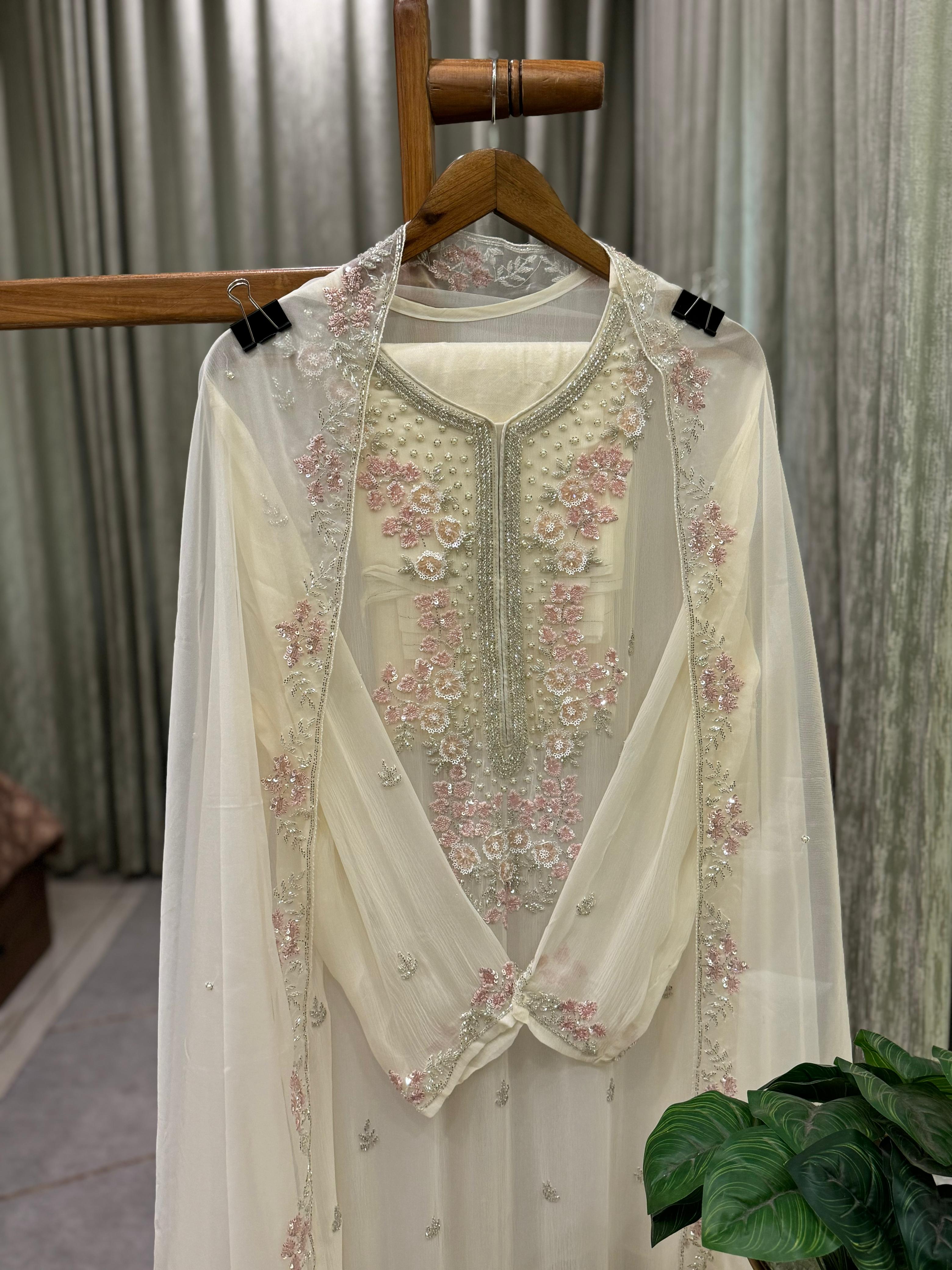 Premium Chiffon handwork suit with bottom and organza  hand  worked dupatta-2246