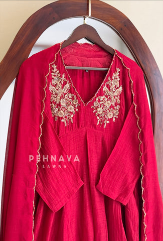 Yoke Embroidered V-Neck Chanderi Suit Set