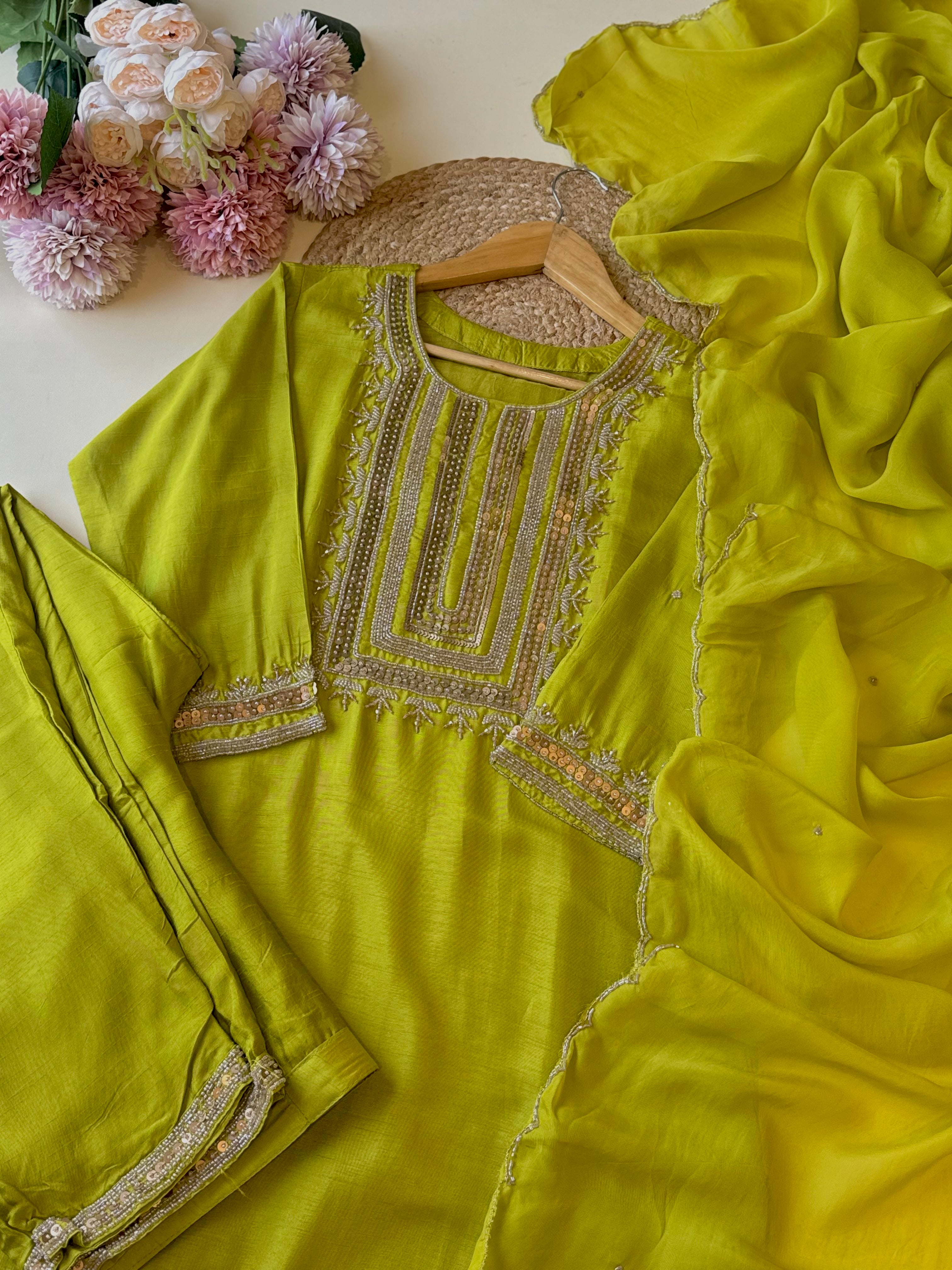 Handworked silk Suit with organza scalloped dupatta