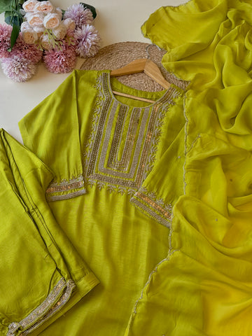 Handworked silk Suit with organza scalloped dupatta
