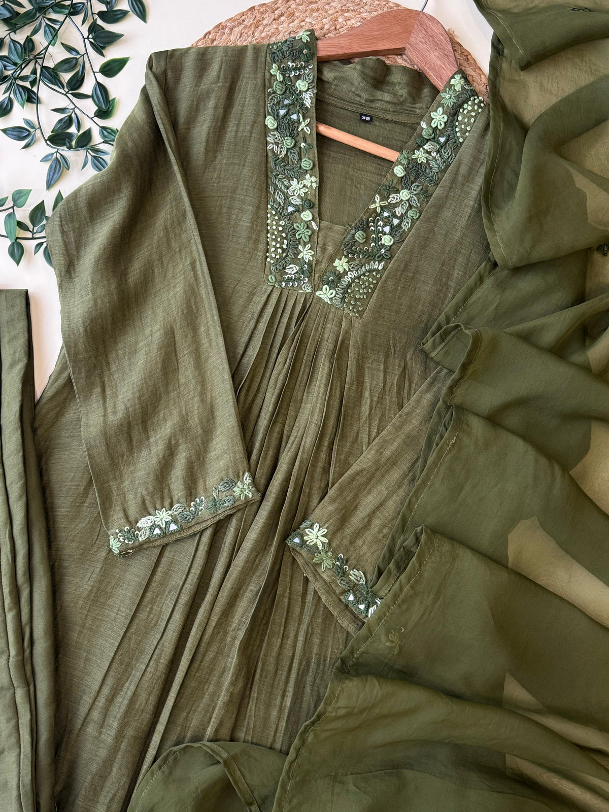 Premium Mul Chandheri Pleated A-line suit with embroidery