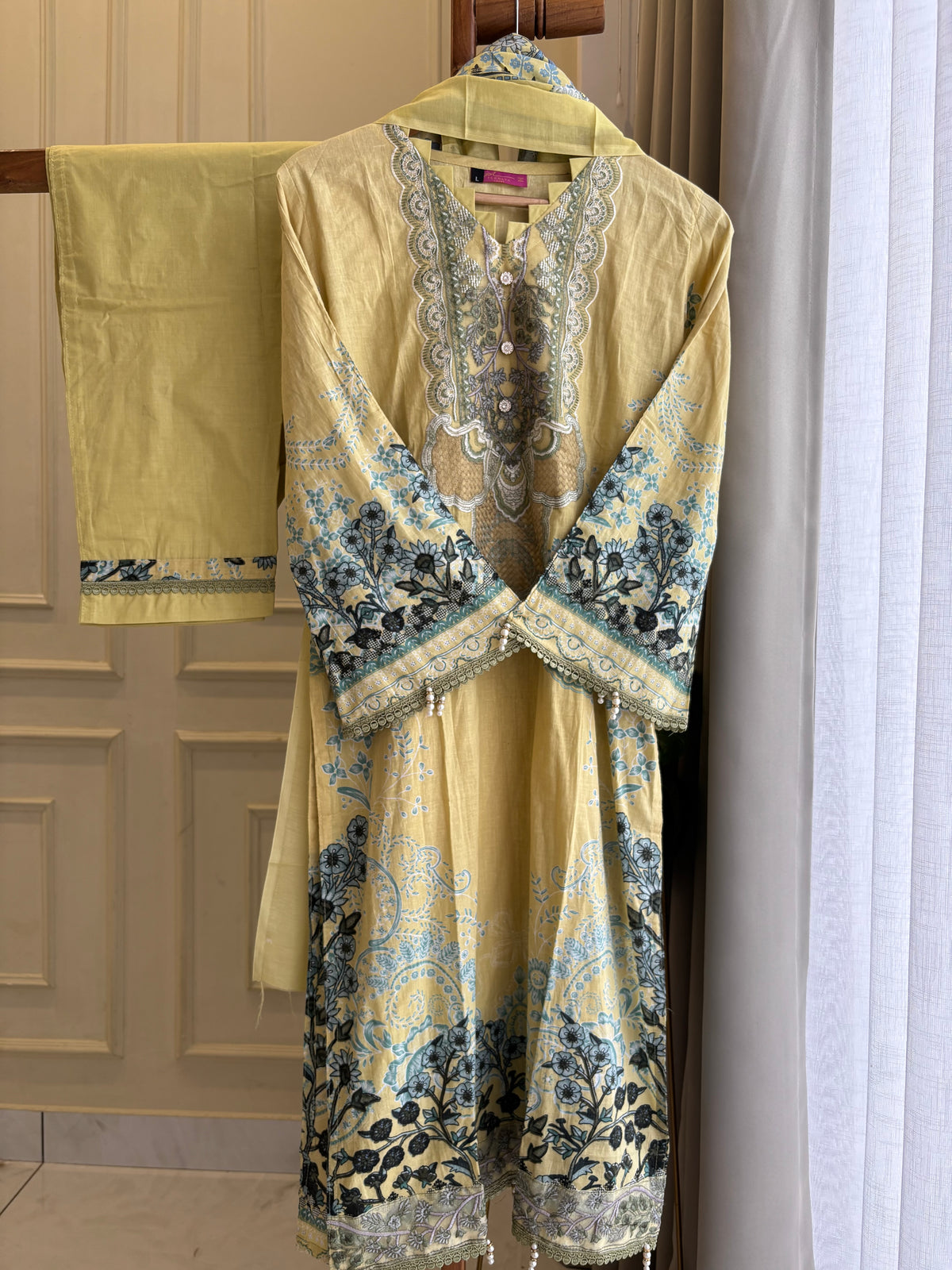 Yellow Embellished Floral Suit