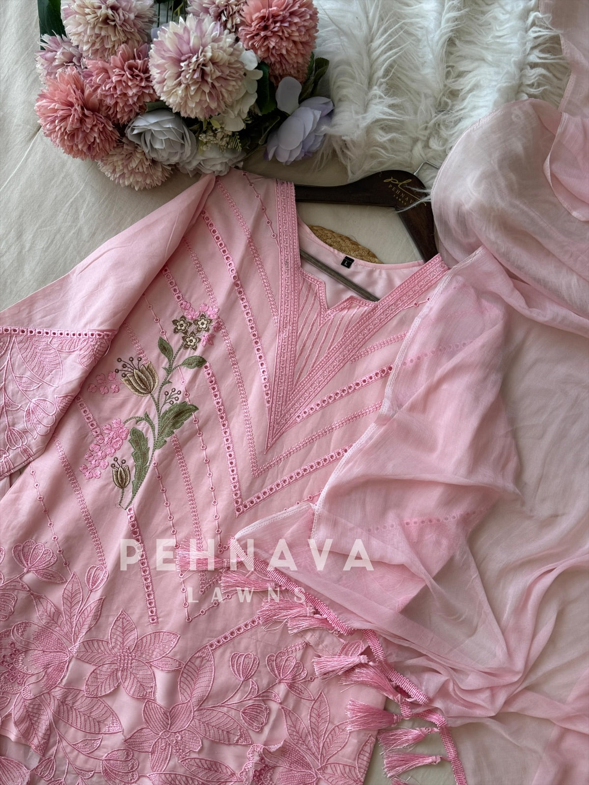 Glamorous pink&Black ensemble with cutwork embroidery - Pehnava Lawns