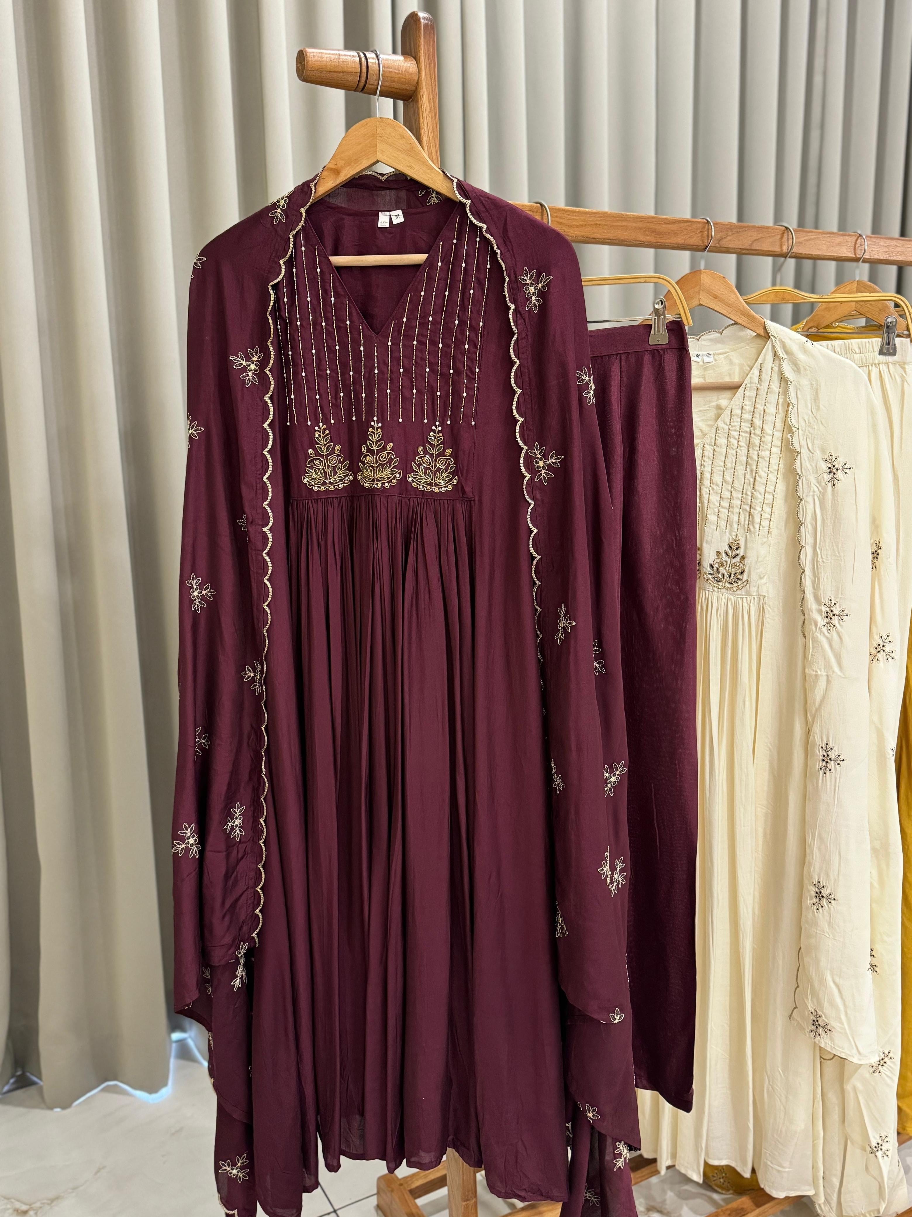 Handworked Anarkali pleated suit with scalloped dupatta