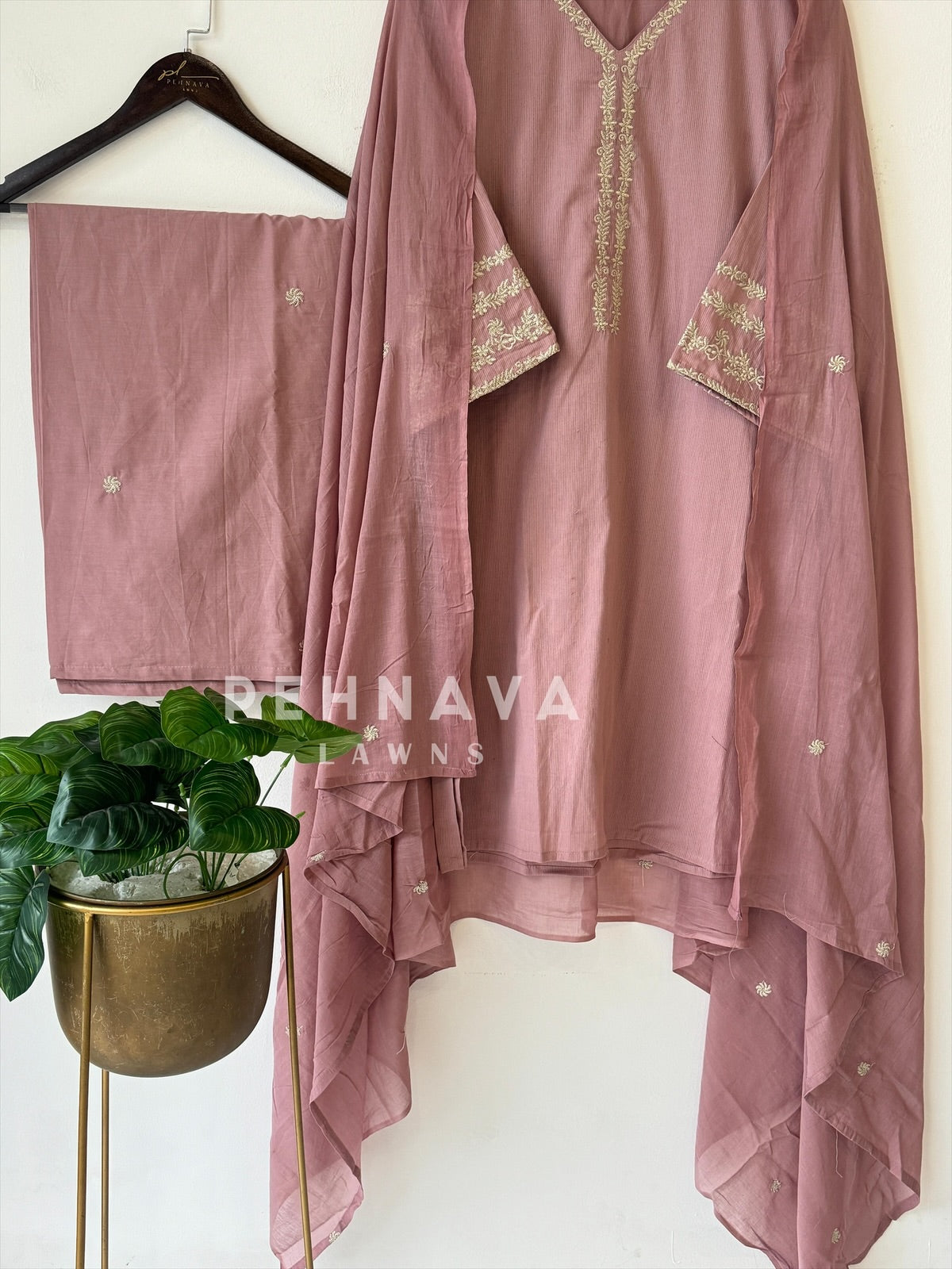 Cotton Embroidered Three Piece Suit-1001