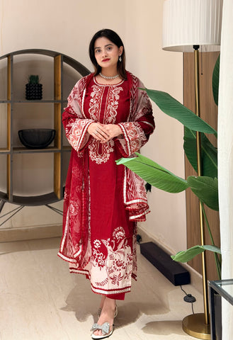 Red Neckline Embroidered Paksuit-1356A