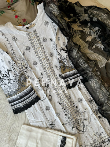 Cotton embroidered with chiffon Dupatta -3432 white