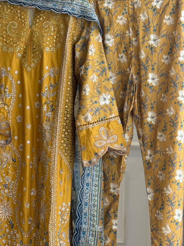 Yellow Floral Print With Embroidery Lawn Suit