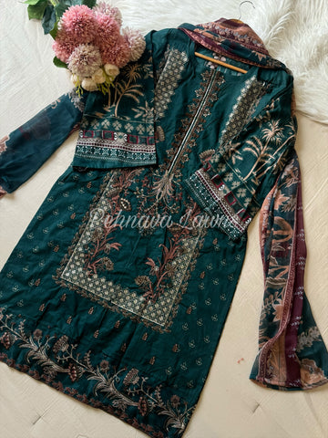 Embroidered cotton suit with chiffon dupatta -gorgeous green