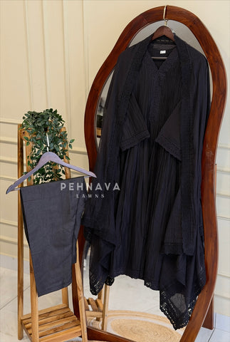 Pleated Yoke Lace-Trimmed Suit Set