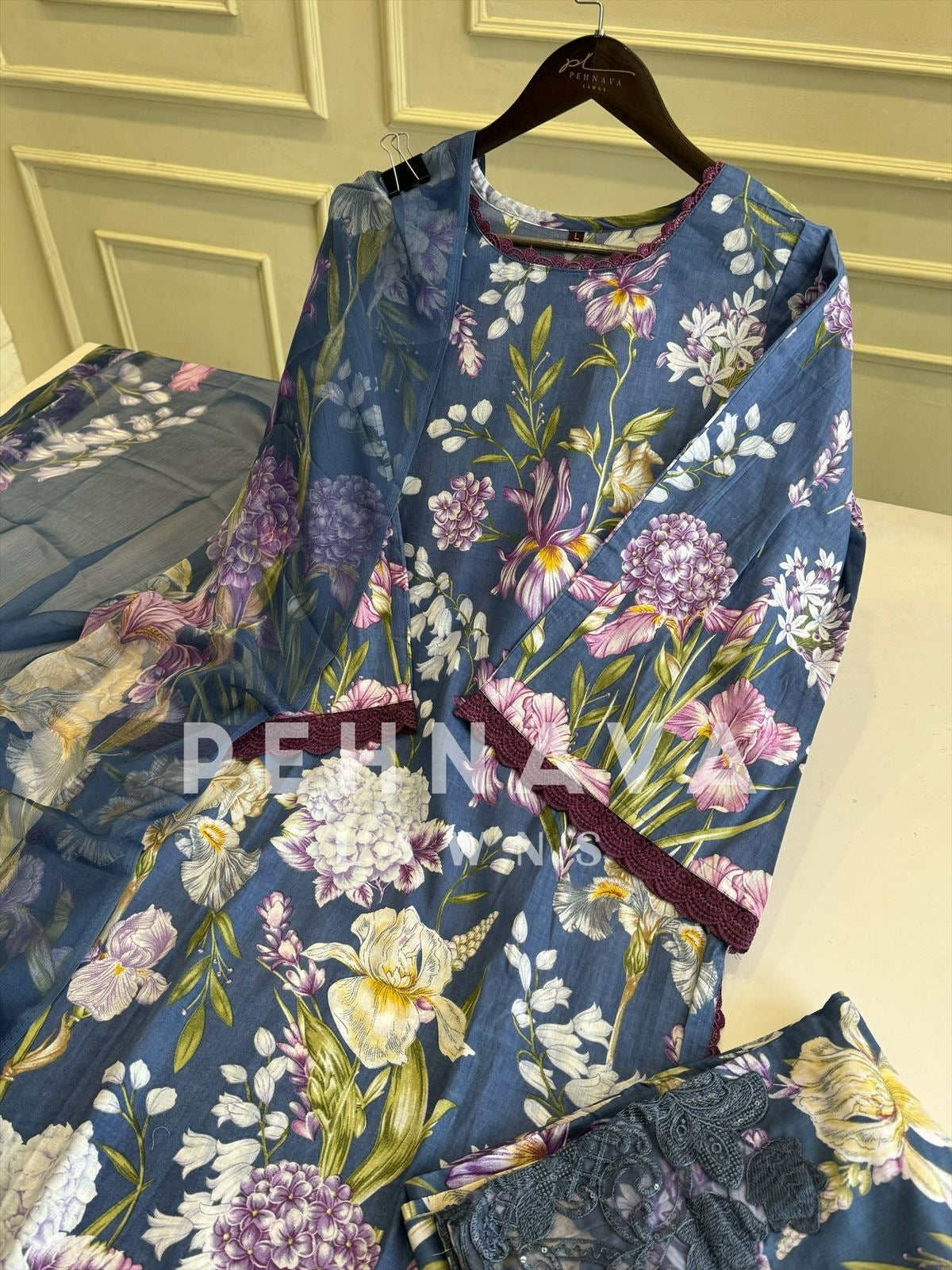 Embroidered Lawn Suit with Printed Dupatta-Chiffon/Cotton-8